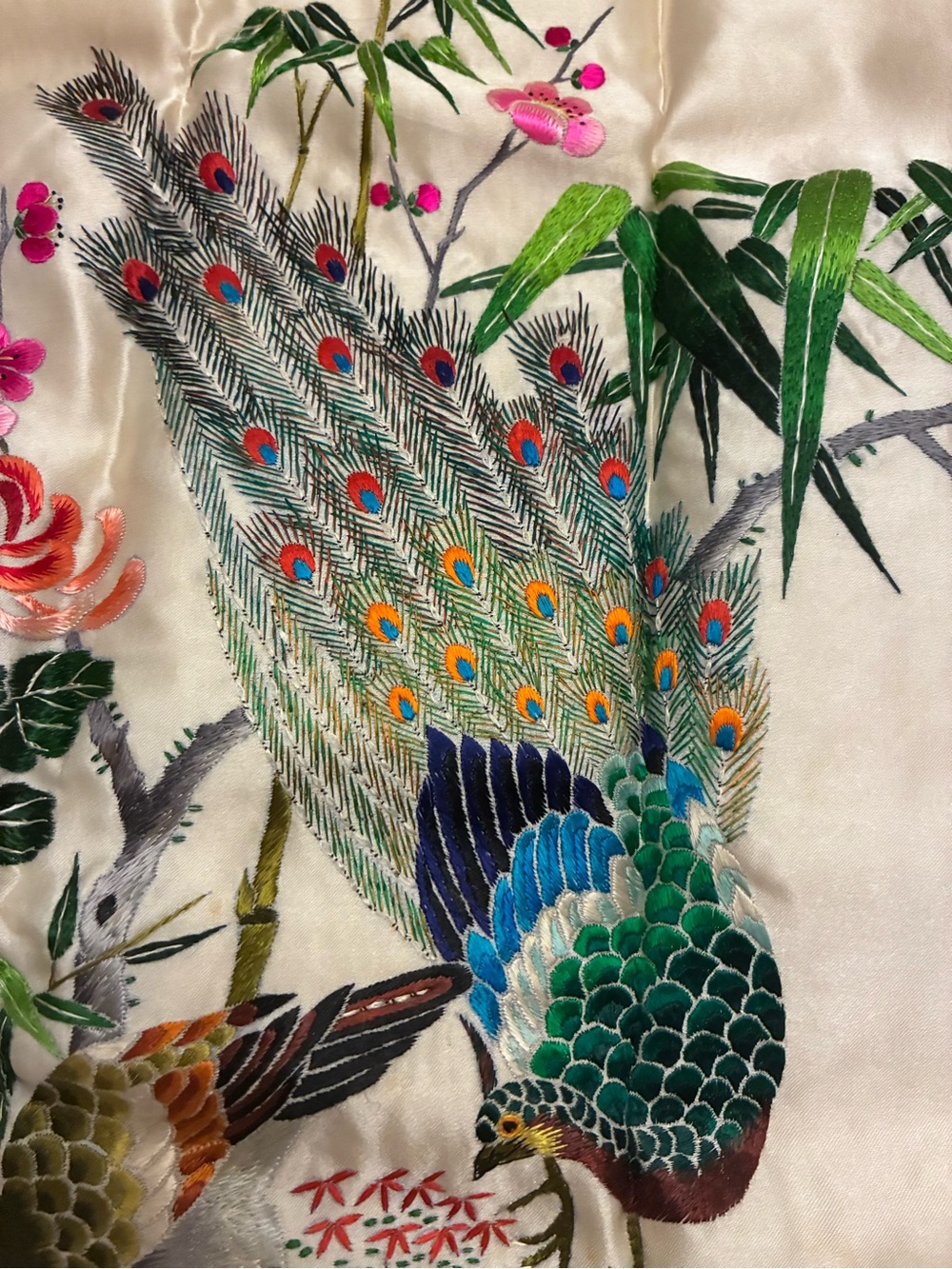 Embroidered Bird Flower Panel with Colorful Peacock & Floral Motif